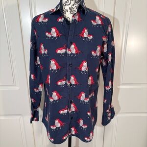 SUSLO fun graphic red & white bird print button up casual cotton shirt men's S